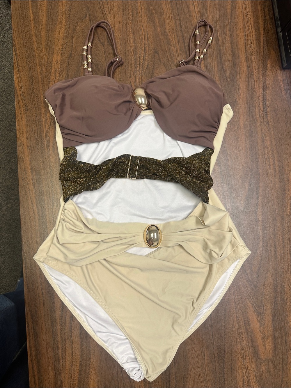 Two-Tone One-Piece Swimsuit with Gold Accents & matching coverup skirt